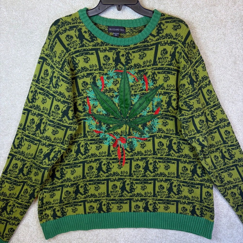 Blizzard Bay Sweater Mens XL Green Pot Leaf Money Wreath Ugly Holiday Christmas